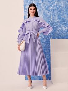Mulvari Ruffle Trim Pleated Hem Shirt Dress - Lilac Purple - View 5