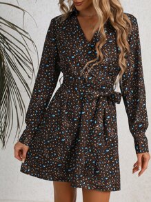 GENKIRA Allover Print Surplice Neck Dress - Multicolor - View 1