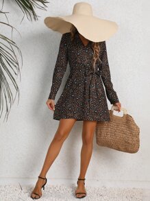 GENKIRA Allover Print Surplice Neck Dress - Multicolor - View 4