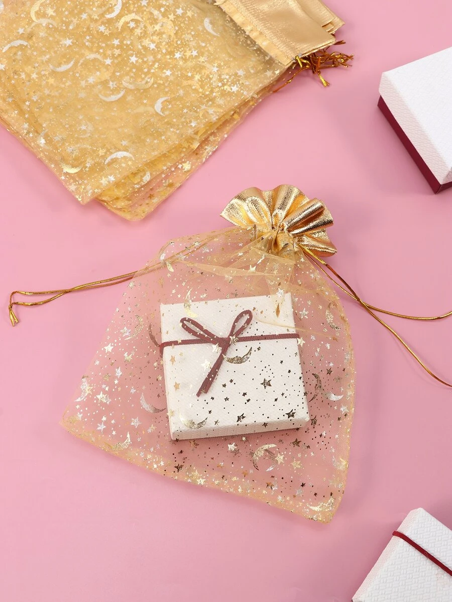 10 piezas Bolsa de regalo de color metálico con patrón de estrella y luna - Dorado - Ver 1