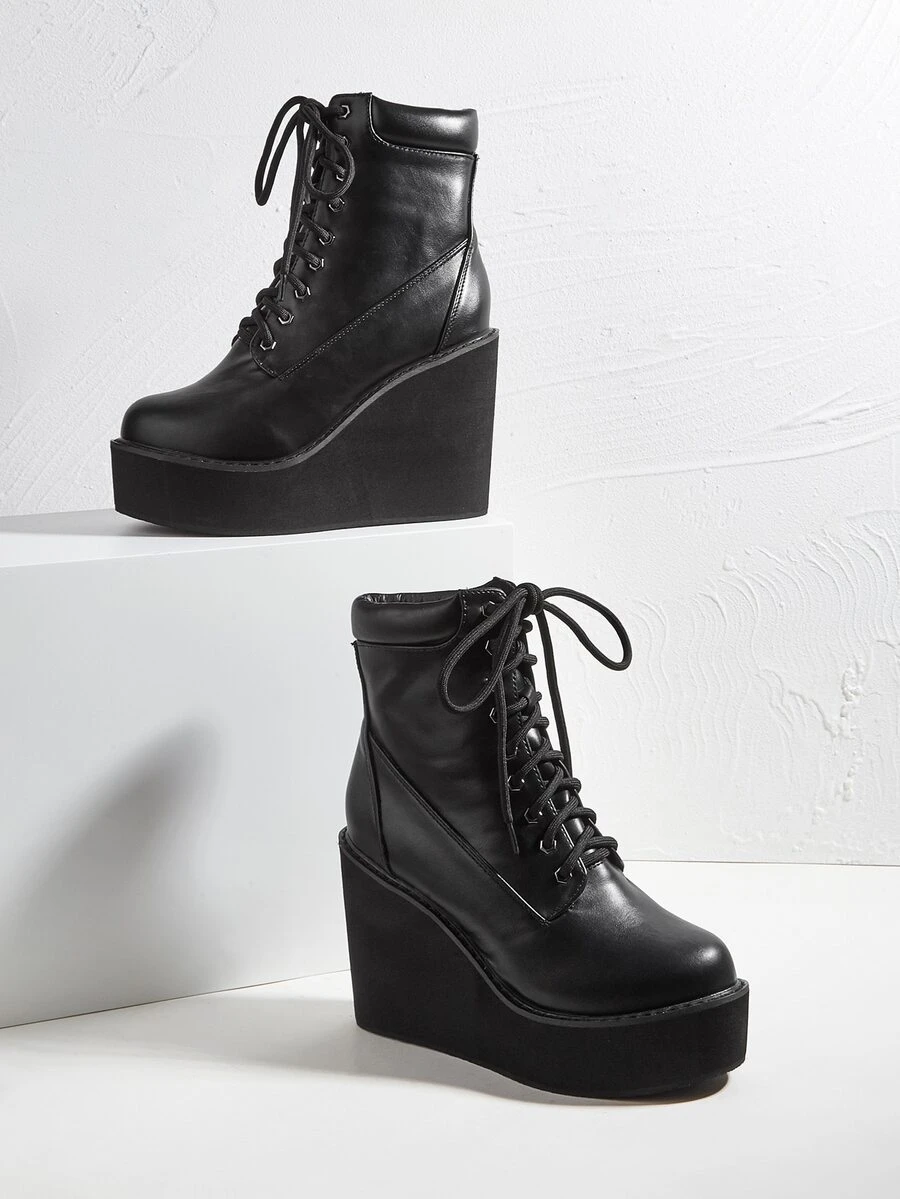 Lace-up Front Wedge Boots - Black - View 1