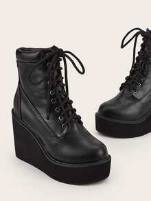 Lace-up Front Wedge Boots - Black - View 4