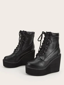 Lace-up Front Wedge Boots - Black - View 5
