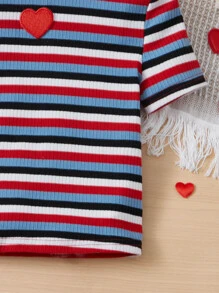 SHEIN Tween Girl's Sweetheart Applique Striped Short Sleeve Knit T-Shirt With Embroidery Detail, Summer - Multicolor - View 3