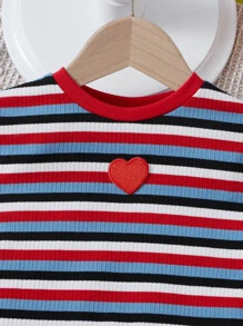 SHEIN Tween Girl's Sweetheart Applique Striped Short Sleeve Knit T-Shirt With Embroidery Detail, Summer - Multicolor - View 4