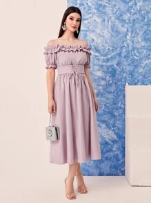 Modelyn Off Shoulder Frill Trim Grommet Lace Up Dress - Lilac Purple - View 1