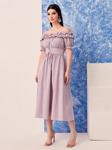 Modelyn Off Shoulder Frill Trim Grommet Lace Up Dress - Lilac Purple - View 4