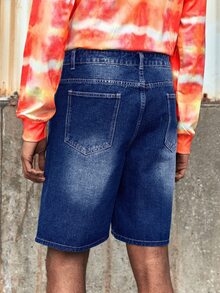 ROMWE MEN Hombres Shorts mezclilla bermuda desgarro crudo - Azul lavado oscuro - Ver 2