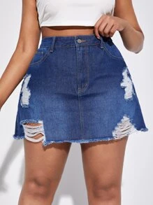 SHEIN SXY Plus Ripped Raw Hem Denim Skirt - Light Wash - View 1