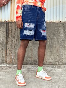 ROMWE MEN Hombres Shorts mezclilla bermuda desgarro crudo - Azul lavado oscuro - Ver 3