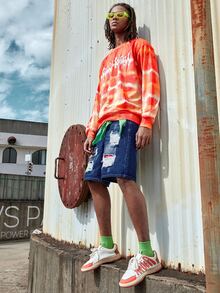 ROMWE MEN Hombres Shorts mezclilla bermuda desgarro crudo - Azul lavado oscuro - Ver 4