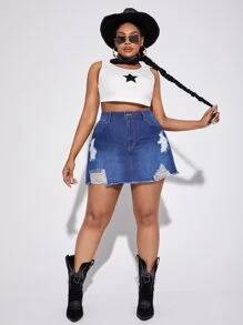 SHEIN SXY Plus Ripped Raw Hem Denim Skirt - Light Wash - View 3