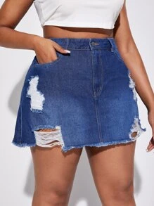 SHEIN SXY Plus Ripped Raw Hem Denim Skirt - Light Wash - View 5