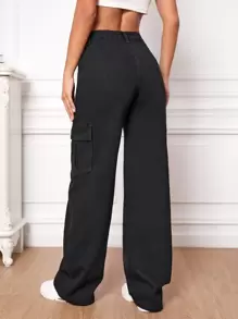 SHEIN Tall 高腰翻蓋口袋工裝牛仔褲 - 黑色 - 查看 2