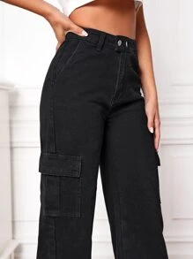 SHEIN Tall 高腰翻蓋口袋工裝牛仔褲 - 黑色 - 查看 3