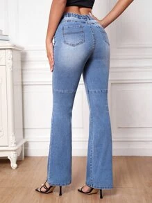 Elastic Waist Bootcut Leg Jeans - Light Wash - View 2