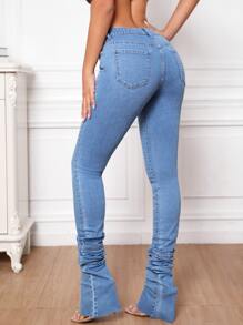 SHEIN Tall 高腰褶皺牛仔褲 - 藍色 - 查看 2