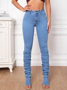 SHEIN Tall 高腰褶皺牛仔褲 - 藍色 - 查看 4