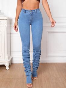 SHEIN Tall 高腰褶皺牛仔褲 - 藍色 - 查看 5