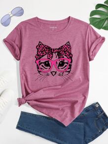 SHEIN LUNE Camiseta con estampado de gato de dibujos animados - Rosa vieja - Ver 1