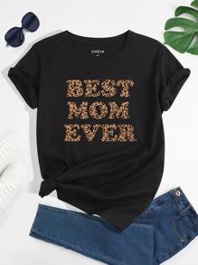 SHEIN LUNE Camiseta de leopardo & con estampado de letra - Negro - Ver 1