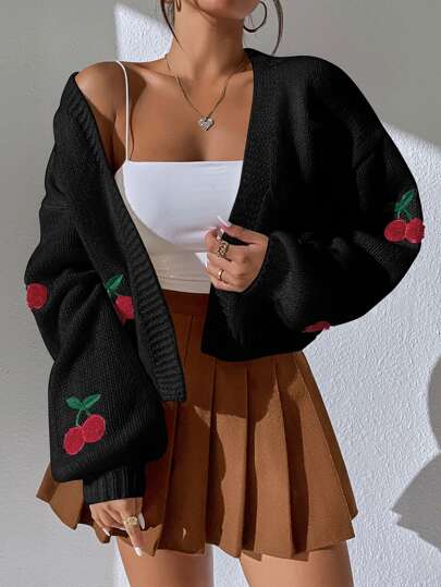 Calvaya Cherry Embroidery Lantern Sleeve Cardigan,Long Sleeve Tops Fall Winter Cloth For Women