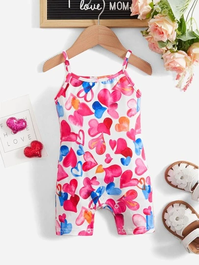 SHEIN Baby Heart Print Cami Romper