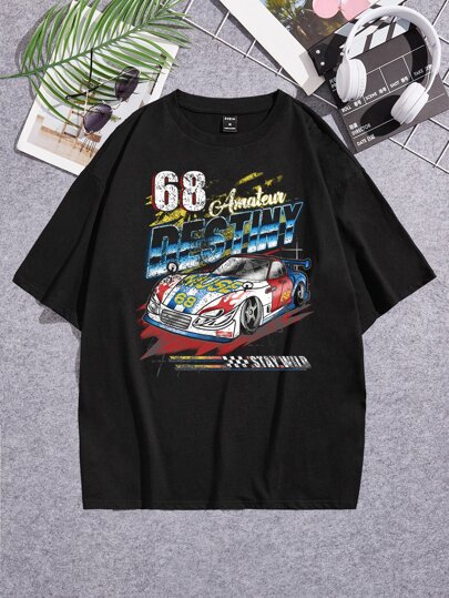 Men Cotton Car & Letter Graphic Tee