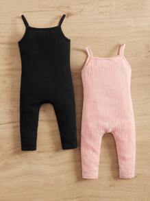 SHEIN Baby Girl 2pcs Ribbed Knit Cami Jumpsuit - Black - View 2