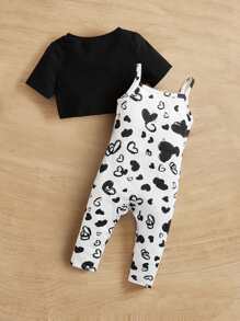 SHEIN 嬰兒字母圖案T恤和愛心圖案吊帶連體褲 - 黑與白 - 查看 2