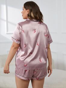 Plus Strawberry Print Contrast Piping Satin PJ Set - Pink - View 2