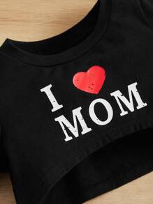 SHEIN 嬰兒字母圖案T恤和愛心圖案吊帶連體褲 - 黑與白 - 查看 4