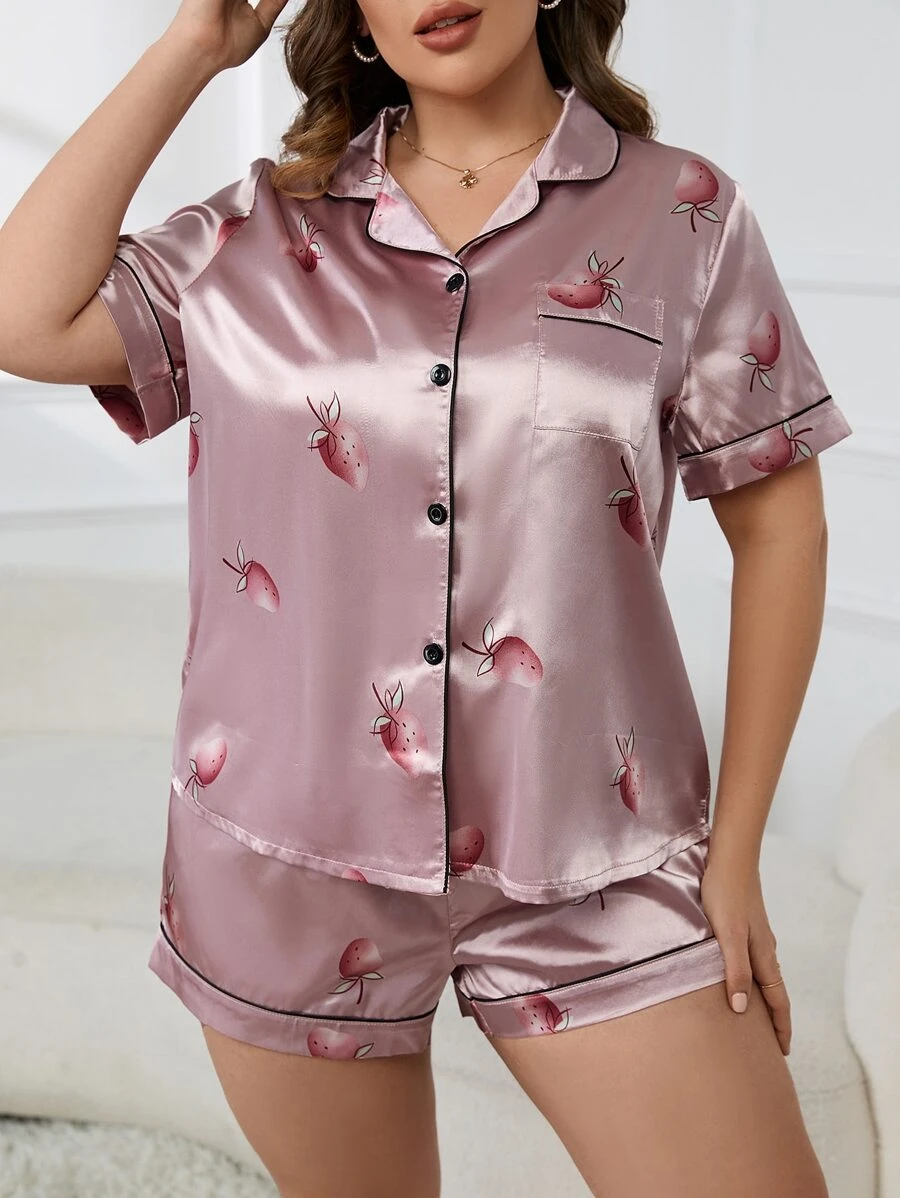 Plus Strawberry Print Contrast Piping Satin PJ Set - Pink - View 1