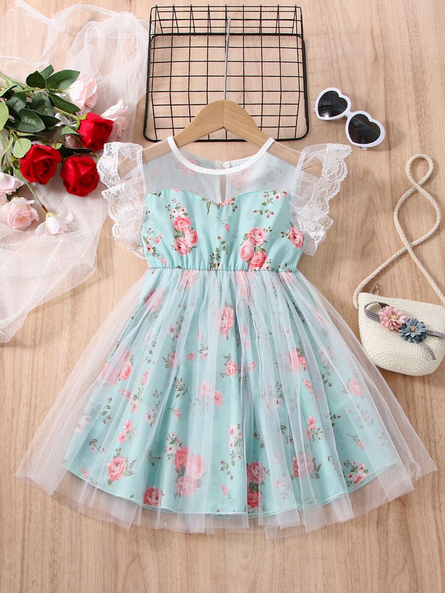 Toddler Girls Floral Print Contrast Lace Ruffle Trim Mesh Overlay Dress - Mint Green - View 1