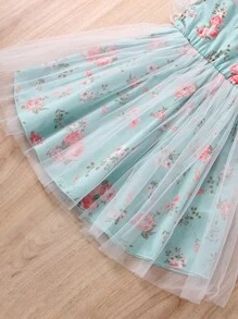 Toddler Girls Floral Print Contrast Lace Ruffle Trim Mesh Overlay Dress - Mint Green - View 4