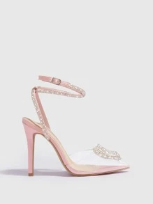Woman Shoes Valentine's Day Rhinestone Decor Point Toe Stiletto Heeled Ankle Strap Pink Pumps - Clear - View 4