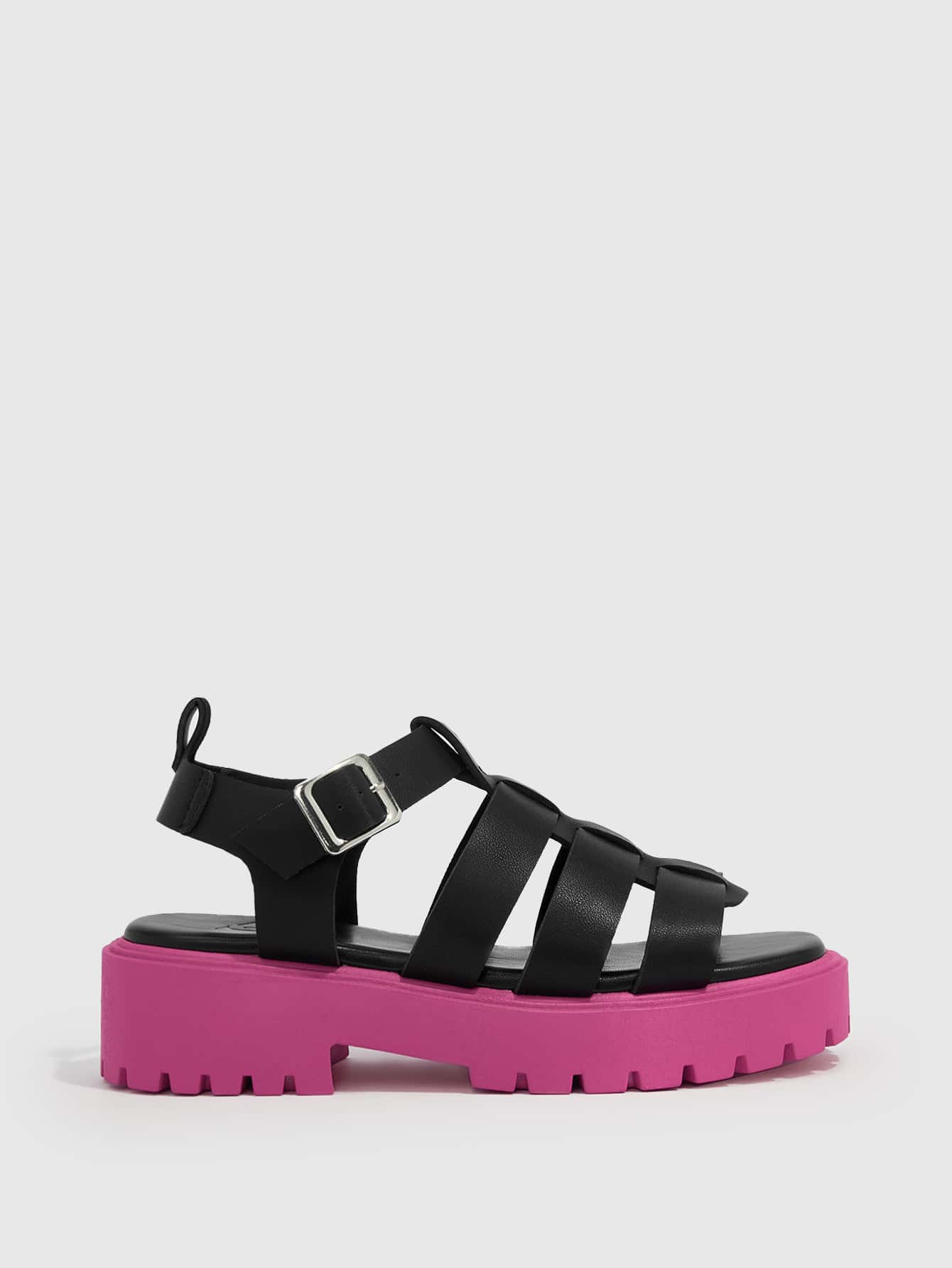 HighSole 女鞋采用編織細節,配有扣飾腳踝帶楔形涼鞋,適用於春夏季節 - 黑色 - 查看 1