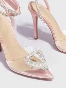 Woman Shoes Valentine's Day Rhinestone Decor Point Toe Stiletto Heeled Ankle Strap Pink Pumps - Clear - View 3