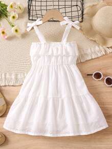 Toddler Girls Eyelet Embroidery Ruffle Hem Cami Dress - White - View 1