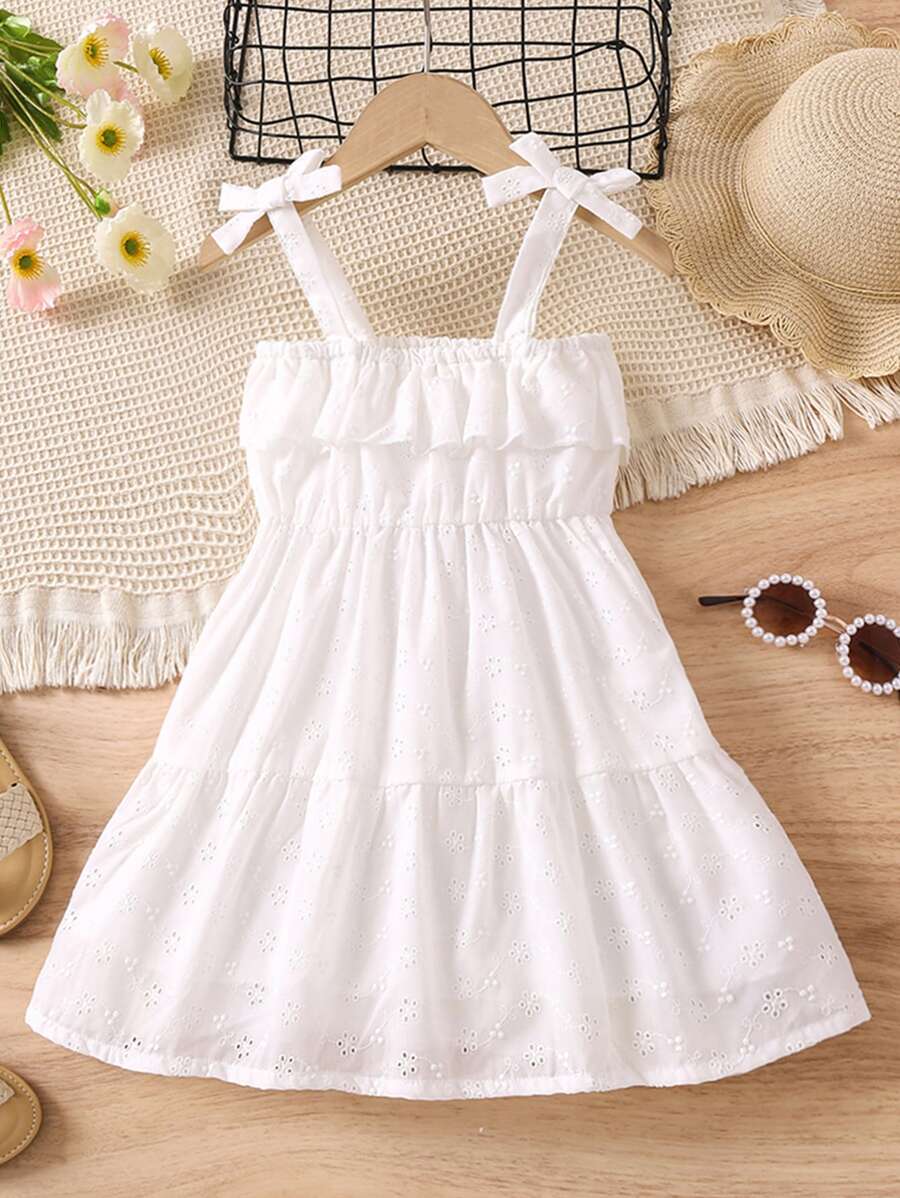 Toddler Girls Eyelet Embroidery Ruffle Hem Cami Dress - White - View 1