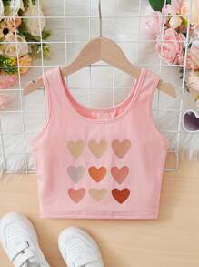SHEIN Girls Heart Print Tank Top - Coral Pink - View 1