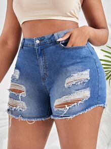 SHEIN SXY Shorts mezclilla desgarro bajo crudo - Azul lavado medio - Ver 5