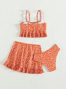 青少年女孩波尔卡圆点荷叶边比基尼套装带沙滩裙夏季海滩 - 橘色 - 查看 2