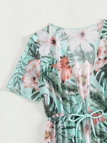 青少年女孩热带印花交叉比基尼套装与和服夏季海滩