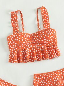 青少年女孩波尔卡圆点荷叶边比基尼套装带沙滩裙夏季海滩 - 橘色 - 查看 3