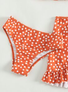 青少年女孩波尔卡圆点荷叶边比基尼套装带沙滩裙夏季海滩 - 橘色 - 查看 4