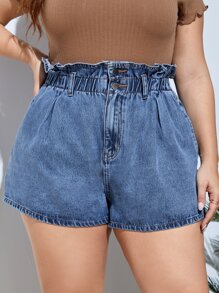 SHEIN Essnce Plus Paperbag Waist Denim Shorts - Medium Wash - View 1