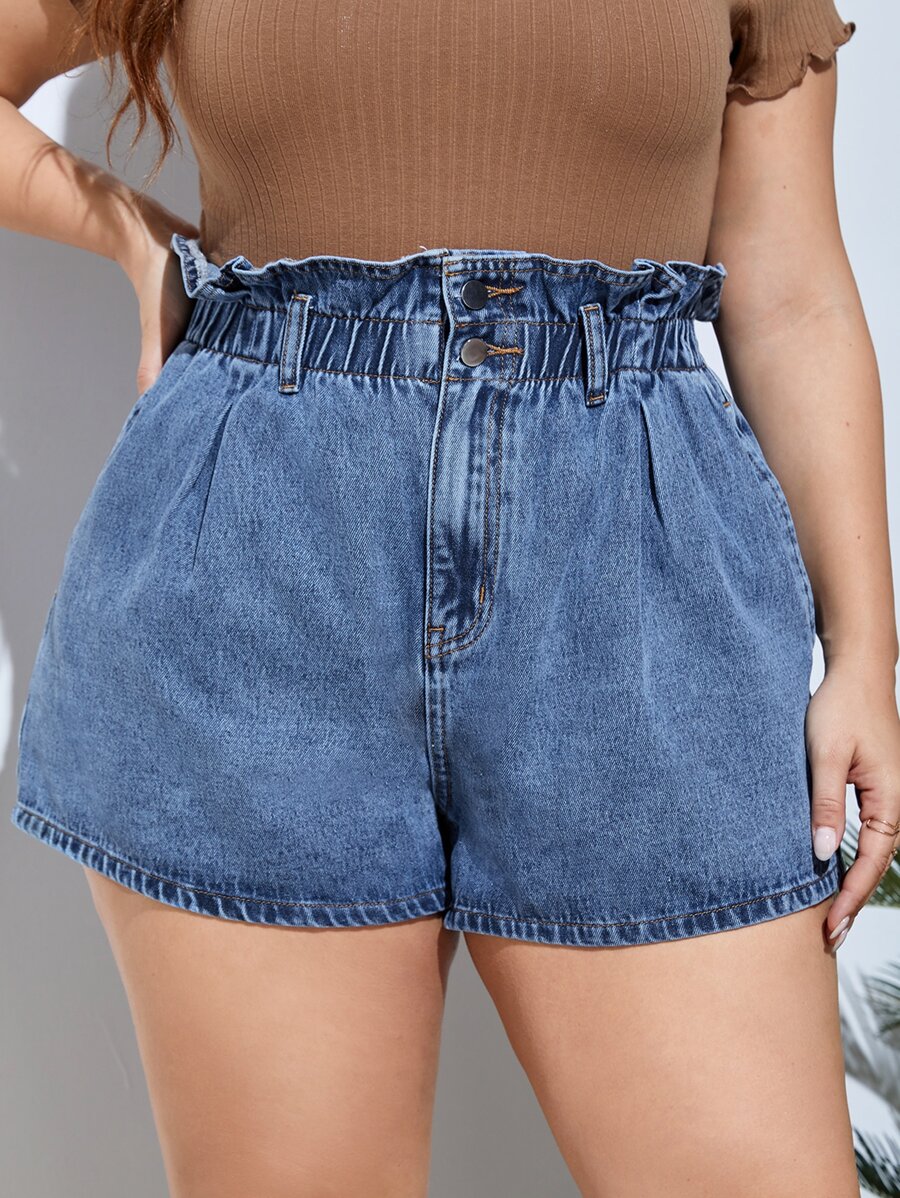 SHEIN Essnce Plus Paperbag Waist Denim Shorts - Medium Wash - View 1