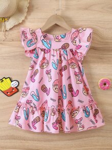 Toddler Girls Donuts & Letter Graphic Ruffle Hem Smock Dress - Pink - View 1