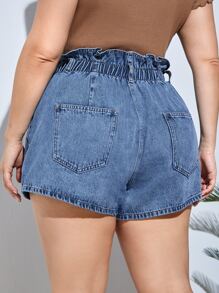 SHEIN Essnce Plus Paperbag Waist Denim Shorts - Medium Wash - View 2